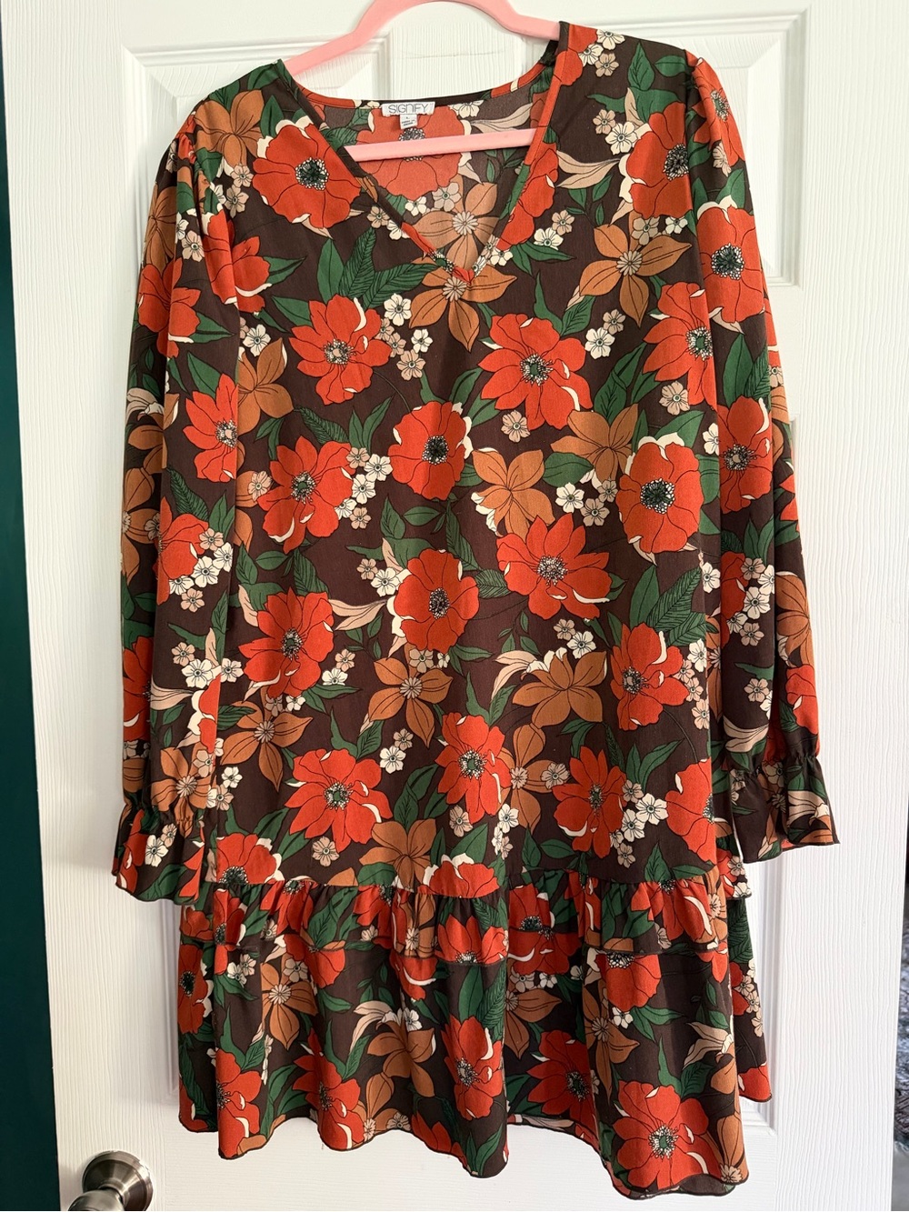 Floral V-Neck Ruffle Hem Dress - Brown with Red & Green Floral